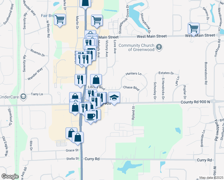 map of restaurants, bars, coffee shops, grocery stores, and more near 1613 Library Boulevard in Greenwood
