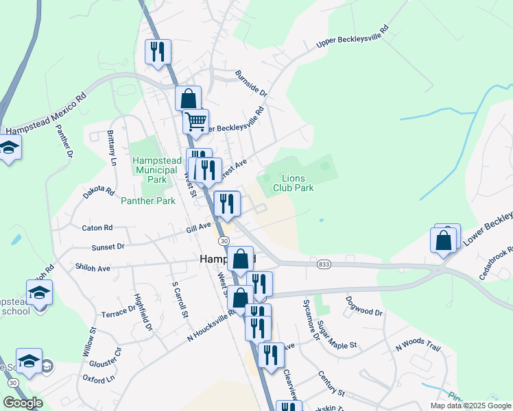 map of restaurants, bars, coffee shops, grocery stores, and more near 4114 Black Rock Road in Hampstead