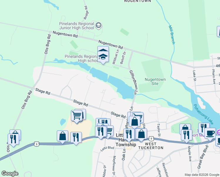 map of restaurants, bars, coffee shops, grocery stores, and more near 12 Madeline Lane in Ocean County