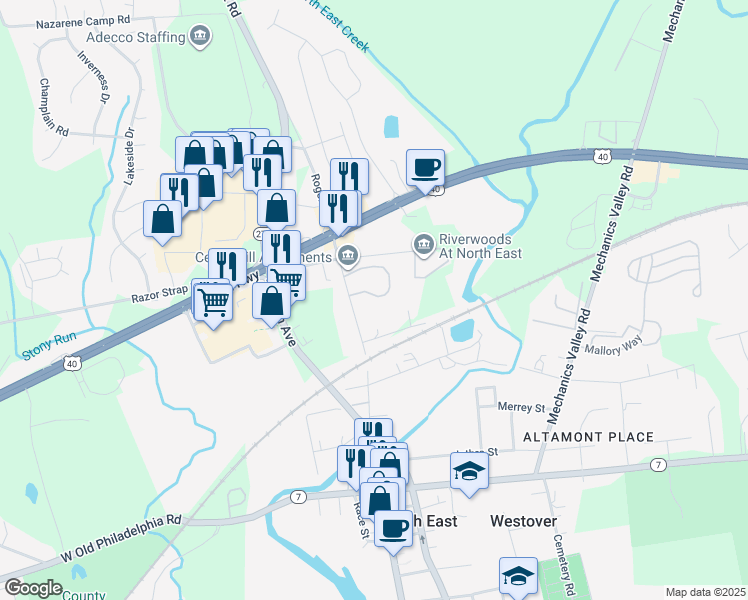 map of restaurants, bars, coffee shops, grocery stores, and more near 89 Cedar Hill Circle in North East