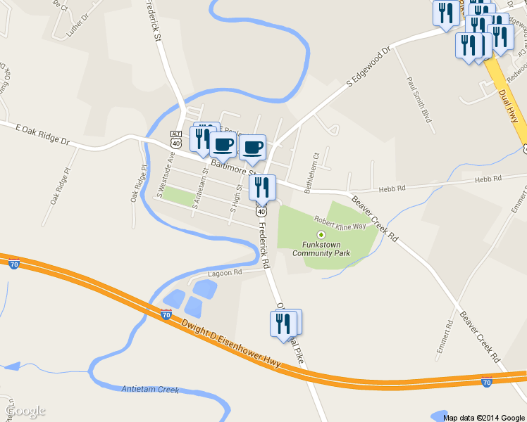 map of restaurants, bars, coffee shops, grocery stores, and more near 23 Frederick Road in Hagerstown