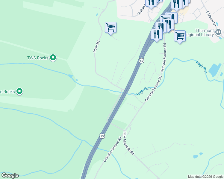 map of restaurants, bars, coffee shops, grocery stores, and more near 13620 Pryor Road in Thurmont