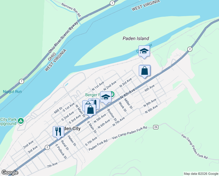 map of restaurants, bars, coffee shops, grocery stores, and more near 304 N 2nd Ave in Paden City