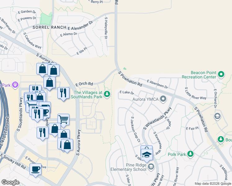 map of restaurants, bars, coffee shops, grocery stores, and more near 24966 East Lake Drive in Aurora