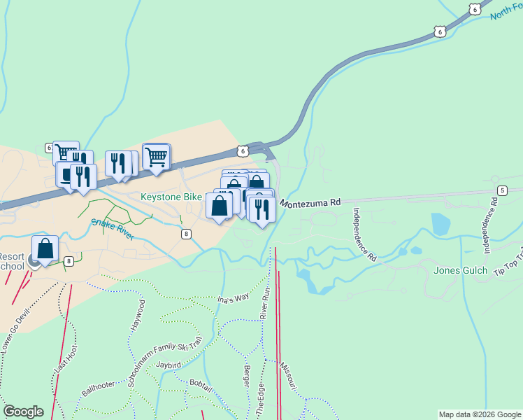 map of restaurants, bars, coffee shops, grocery stores, and more near 160 Ida Belle Drive in Keystone