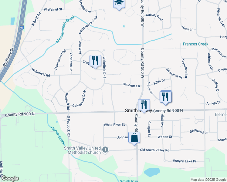 map of restaurants, bars, coffee shops, grocery stores, and more near 423 Sutton Drive in Greenwood