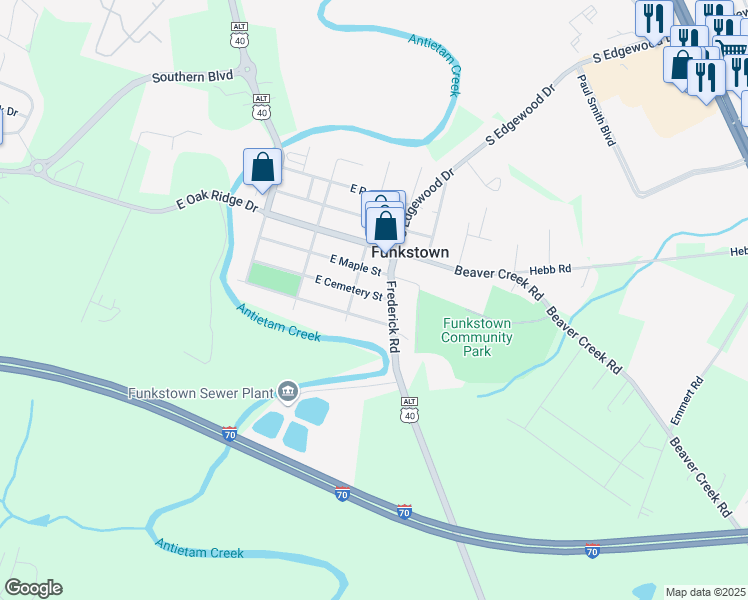 map of restaurants, bars, coffee shops, grocery stores, and more near 107 East Cemetery Street in Hagerstown