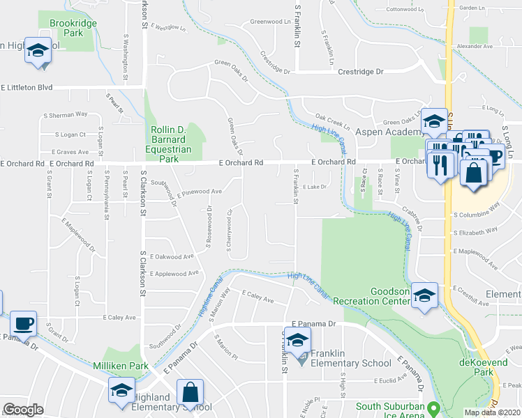 map of restaurants, bars, coffee shops, grocery stores, and more near 1408 East Maplewood Court in Centennial