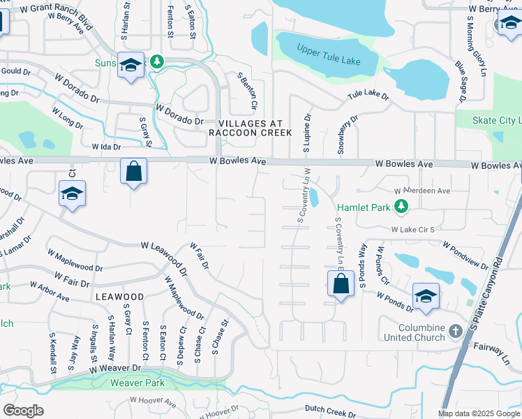 map of restaurants, bars, coffee shops, grocery stores, and more near 5962 South Sheridan Way in Littleton