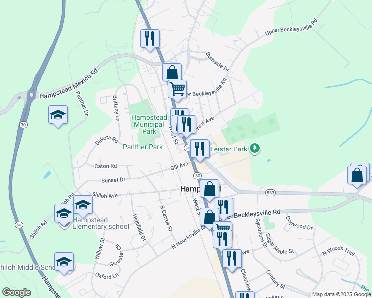 map of restaurants, bars, coffee shops, grocery stores, and more near 1214 Hanover Pike in Hampstead