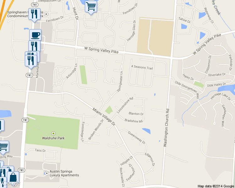 map of restaurants, bars, coffee shops, grocery stores, and more near 9684 Springwater Ln in Miamisburg