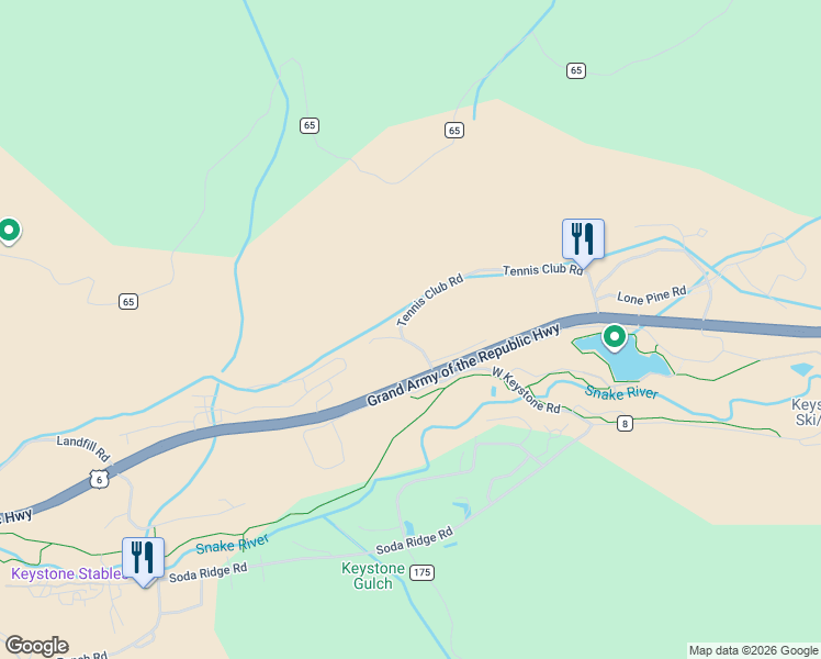 map of restaurants, bars, coffee shops, grocery stores, and more near 60 Tennis Club Road in Keystone