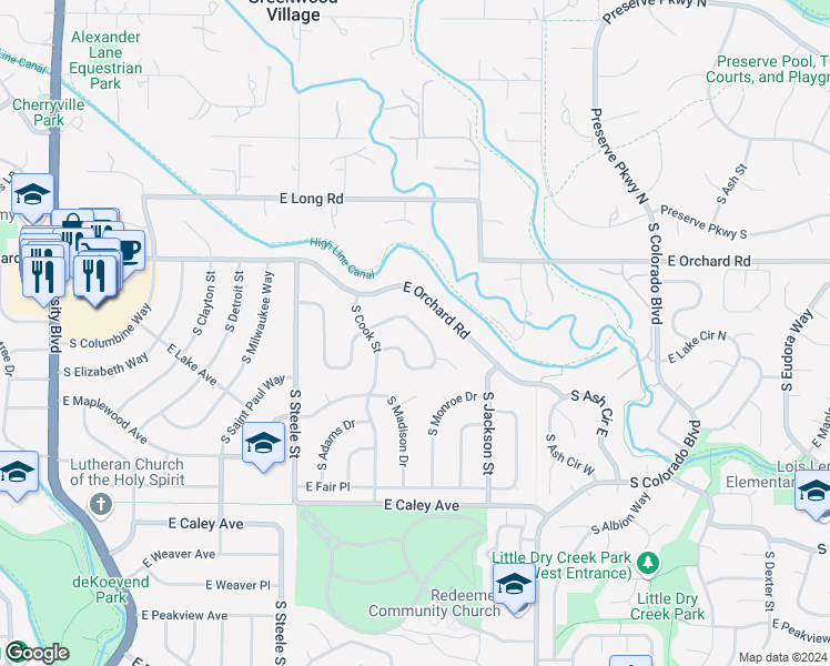 map of restaurants, bars, coffee shops, grocery stores, and more near 3614 East Lake Drive in Centennial