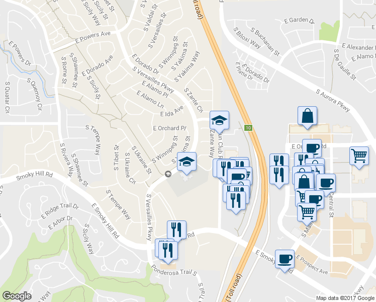 map of restaurants, bars, coffee shops, grocery stores, and more near 6014 South Yakima Street in Aurora