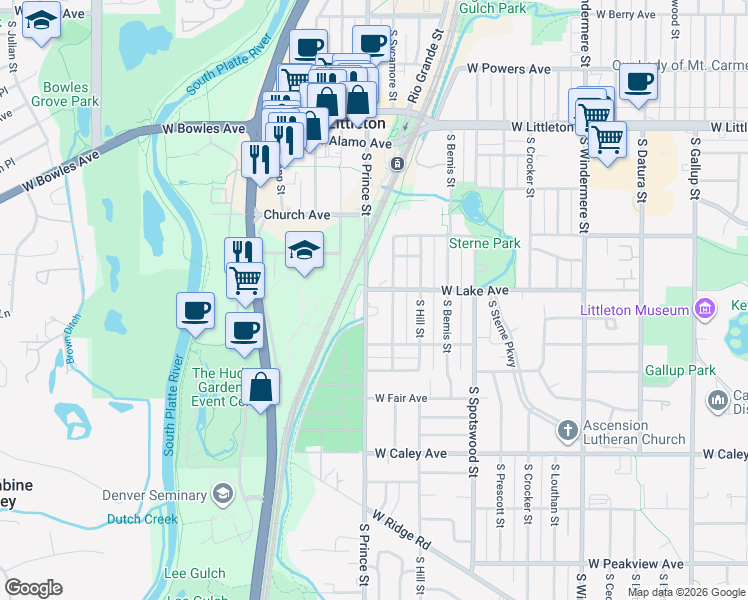 map of restaurants, bars, coffee shops, grocery stores, and more near 6001 South Prince Street in Littleton