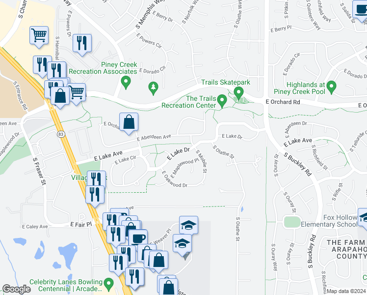map of restaurants, bars, coffee shops, grocery stores, and more near 16295 East Lake Drive in Aurora