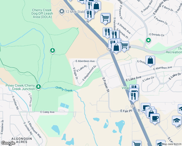 map of restaurants, bars, coffee shops, grocery stores, and more near 14982 East Maplewood Drive in Centennial
