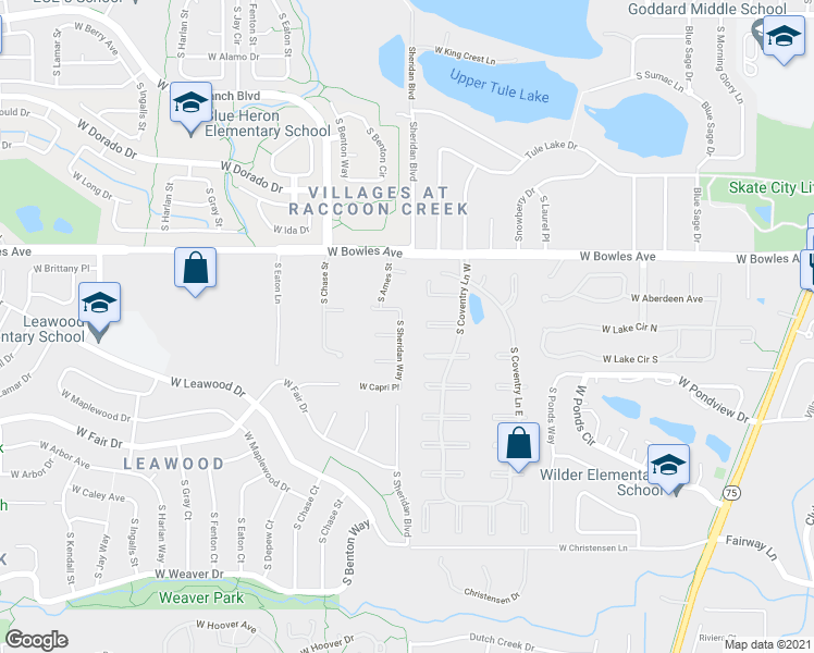 map of restaurants, bars, coffee shops, grocery stores, and more near 5962 South Sheridan Way in Littleton