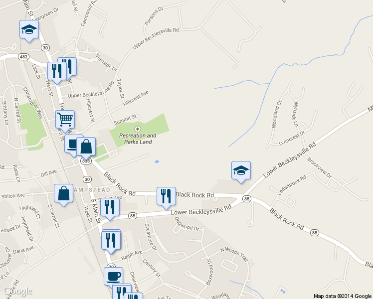 map of restaurants, bars, coffee shops, grocery stores, and more near 4134 Black Rock Road in Hampstead