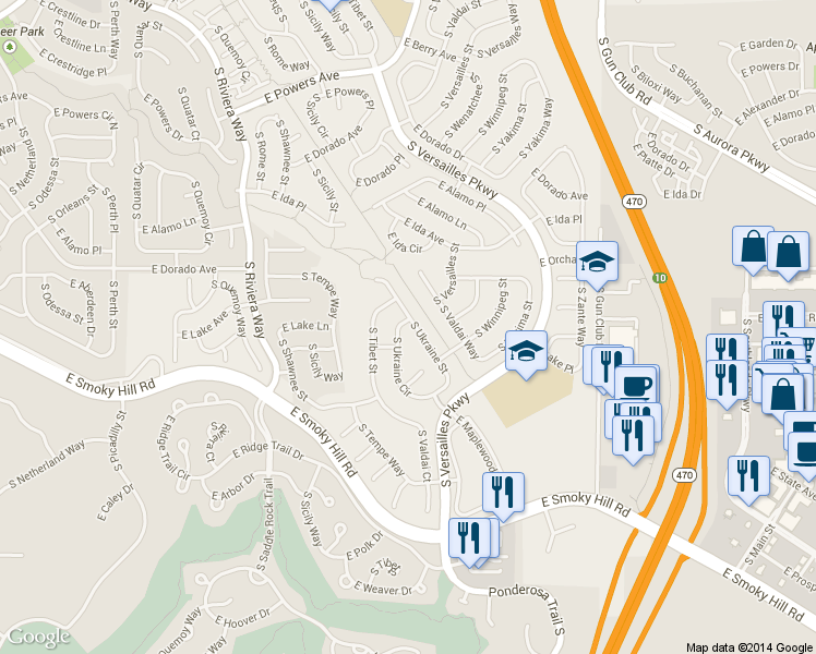 map of restaurants, bars, coffee shops, grocery stores, and more near 6015 South Ukraine Street in Aurora