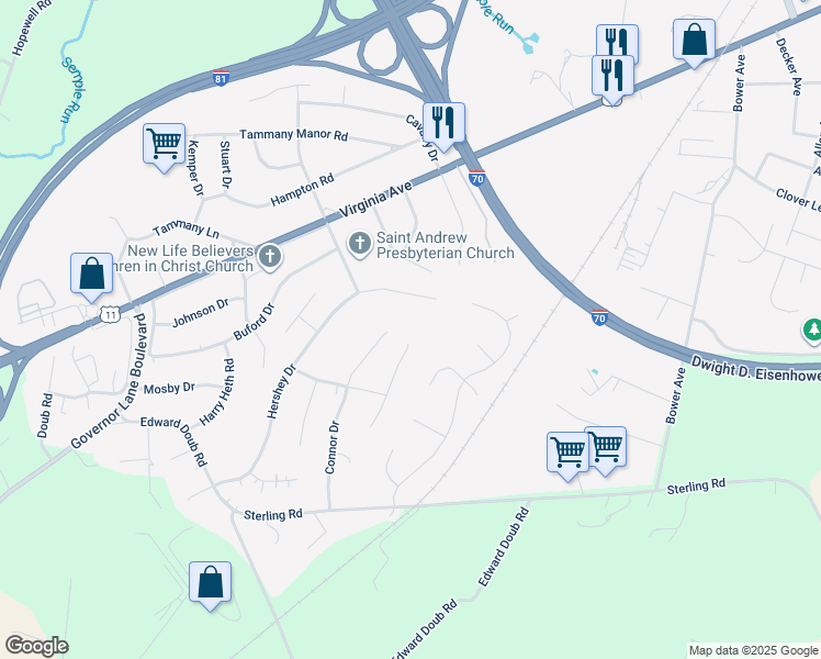 map of restaurants, bars, coffee shops, grocery stores, and more near 10730 Bratton Court in Williamsport
