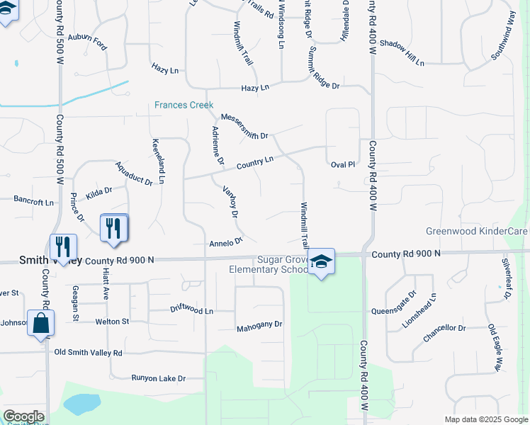 map of restaurants, bars, coffee shops, grocery stores, and more near 4186 Willow Wind Drive in Greenwood