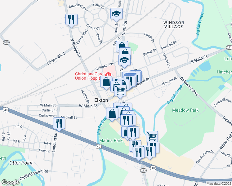 map of restaurants, bars, coffee shops, grocery stores, and more near 127 West Main Street in Elkton