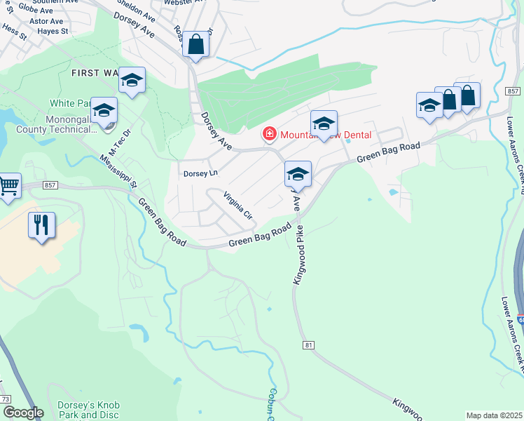 map of restaurants, bars, coffee shops, grocery stores, and more near H2 Parkway Drive in Morgantown