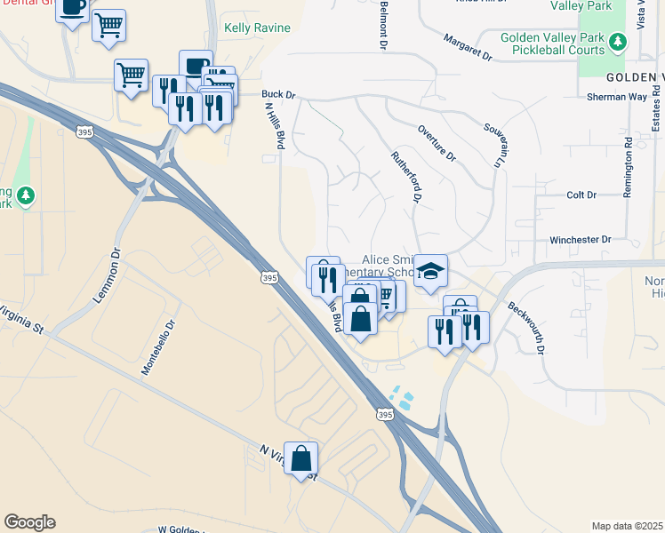 map of restaurants, bars, coffee shops, grocery stores, and more near 7129 Mustengo Drive in Reno