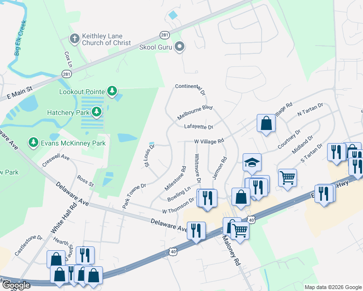 map of restaurants, bars, coffee shops, grocery stores, and more near 149 Milestone Road in Elkton