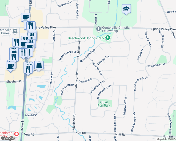 map of restaurants, bars, coffee shops, grocery stores, and more near 2100 Hunters Bluff Court in Dayton