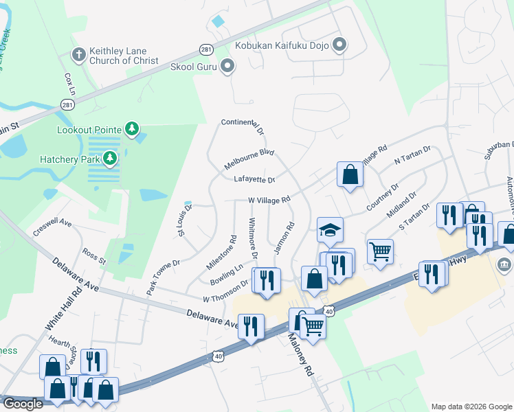 map of restaurants, bars, coffee shops, grocery stores, and more near 115 West Village Road in Elkton