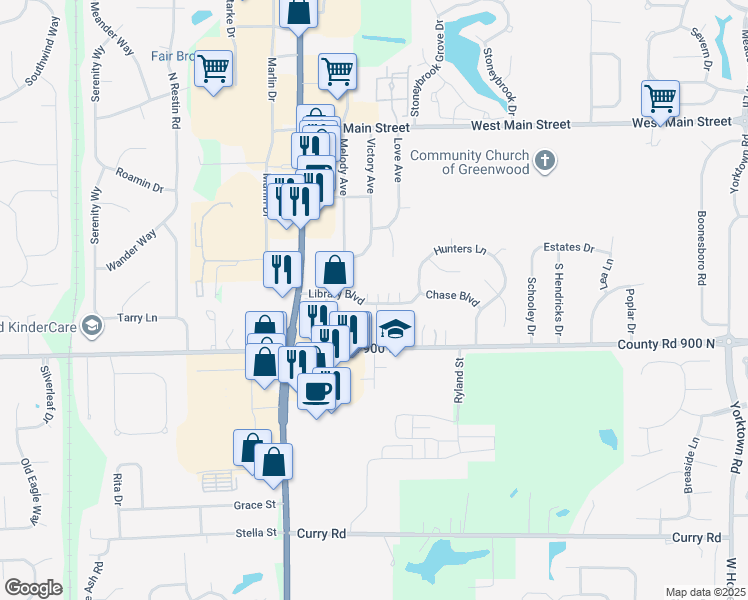 map of restaurants, bars, coffee shops, grocery stores, and more near 1638 Library Boulevard in Greenwood
