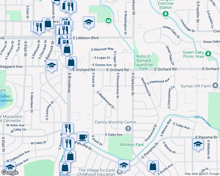 map of restaurants, bars, coffee shops, grocery stores, and more near 502 East Lake Avenue in Centennial