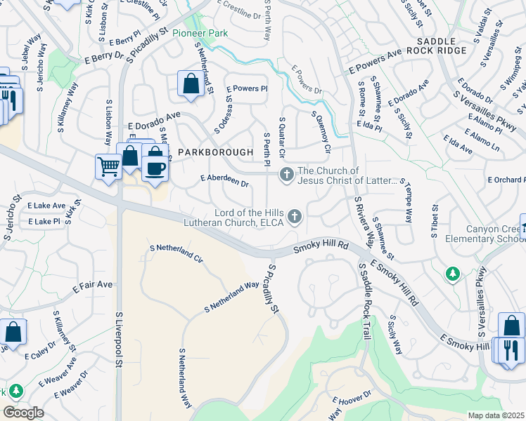 map of restaurants, bars, coffee shops, grocery stores, and more near 6003 South Perth Street in Centennial