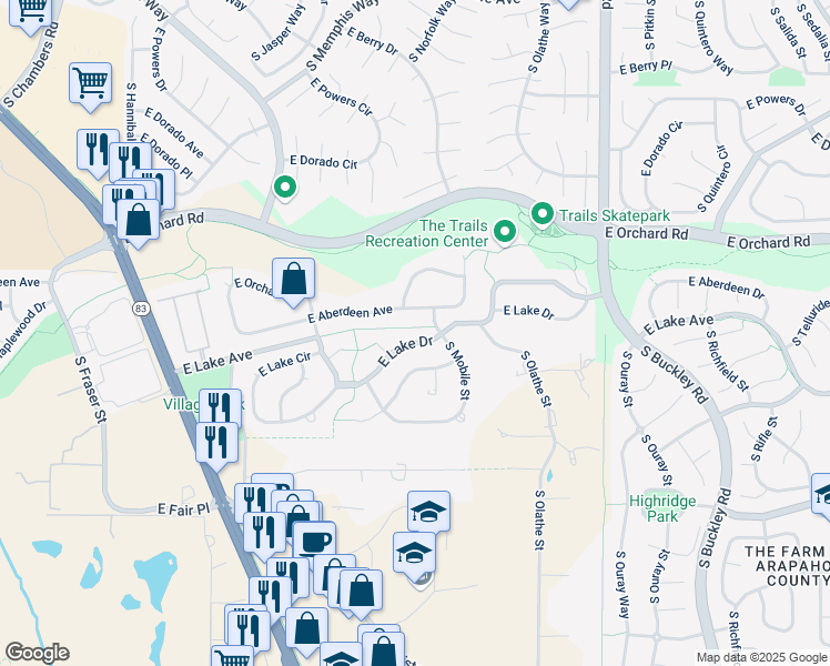 map of restaurants, bars, coffee shops, grocery stores, and more near 16295 East Lake Drive in Aurora