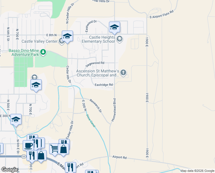 map of restaurants, bars, coffee shops, grocery stores, and more near 1626 Eastridge Road in Price