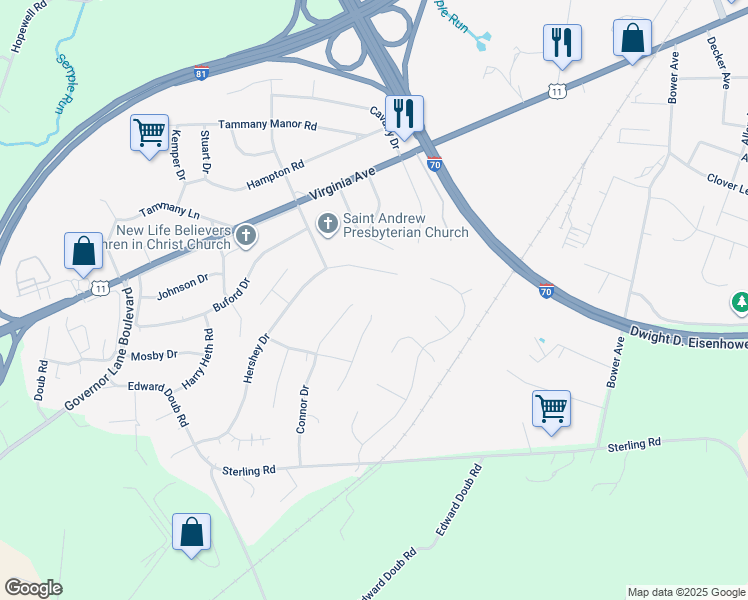 map of restaurants, bars, coffee shops, grocery stores, and more near 10730 Bratton Court in Williamsport