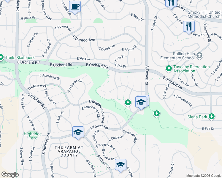 map of restaurants, bars, coffee shops, grocery stores, and more near 18051 East Lake Avenue in Aurora