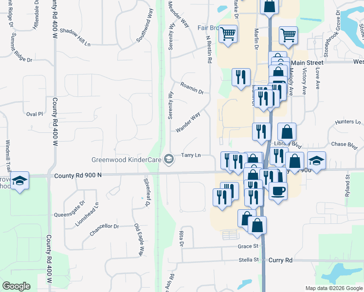 map of restaurants, bars, coffee shops, grocery stores, and more near 10 Tarry Court in Greenwood