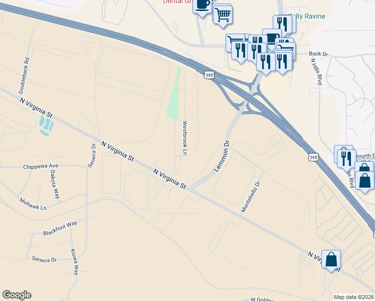 map of restaurants, bars, coffee shops, grocery stores, and more near 103 Westbrook Lane in Reno