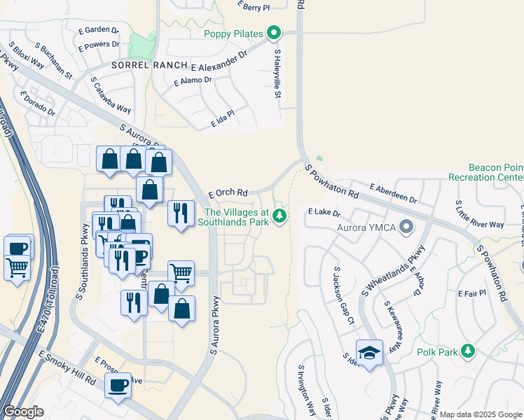 map of restaurants, bars, coffee shops, grocery stores, and more near 24631 East Applewood Drive in Aurora