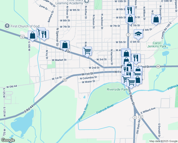 map of restaurants, bars, coffee shops, grocery stores, and more near 514 West 1st Street in Rushville