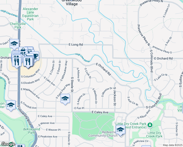 map of restaurants, bars, coffee shops, grocery stores, and more near 3444 East Lake Drive in Centennial