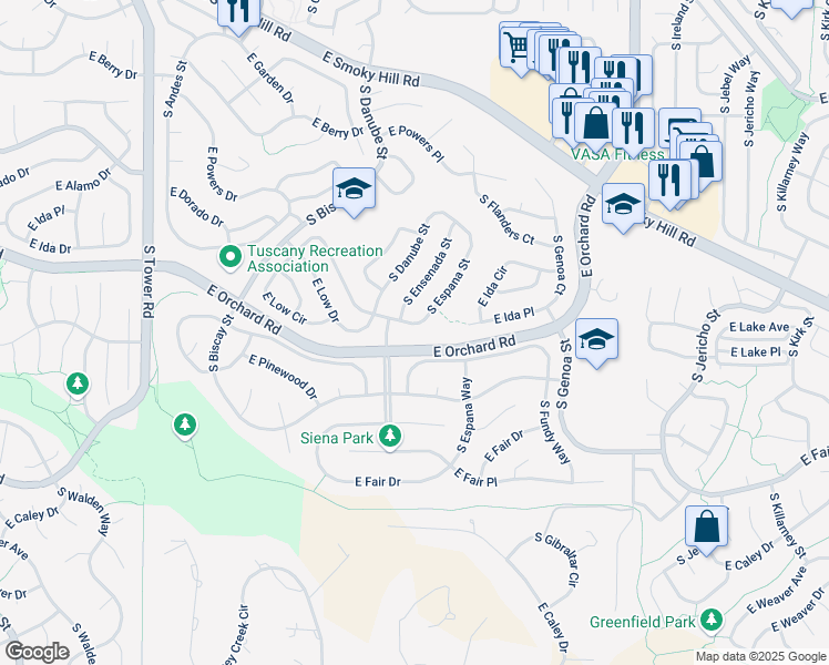 map of restaurants, bars, coffee shops, grocery stores, and more near 5894 South Espana Street in Aurora