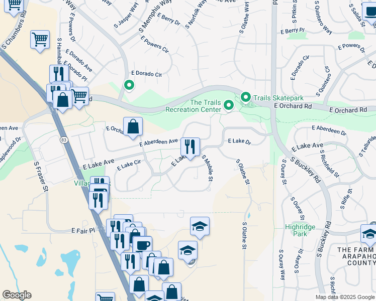 map of restaurants, bars, coffee shops, grocery stores, and more near 16295 East Lake Drive in Aurora