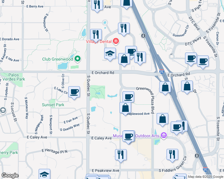 map of restaurants, bars, coffee shops, grocery stores, and more near 7600 E Orchard Rd in Greenwood Village