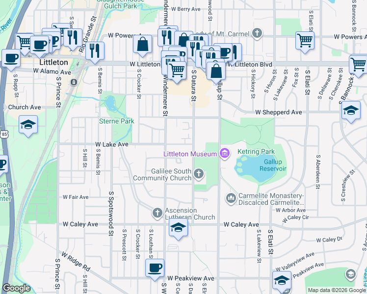 map of restaurants, bars, coffee shops, grocery stores, and more near 1464 West Lake Avenue in Littleton
