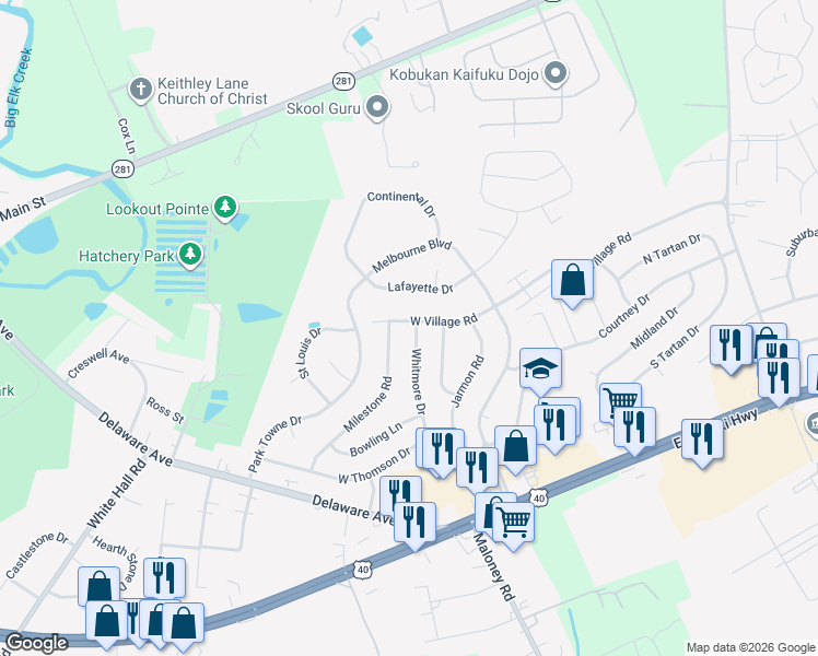 map of restaurants, bars, coffee shops, grocery stores, and more near 117 West Village Road in Elkton