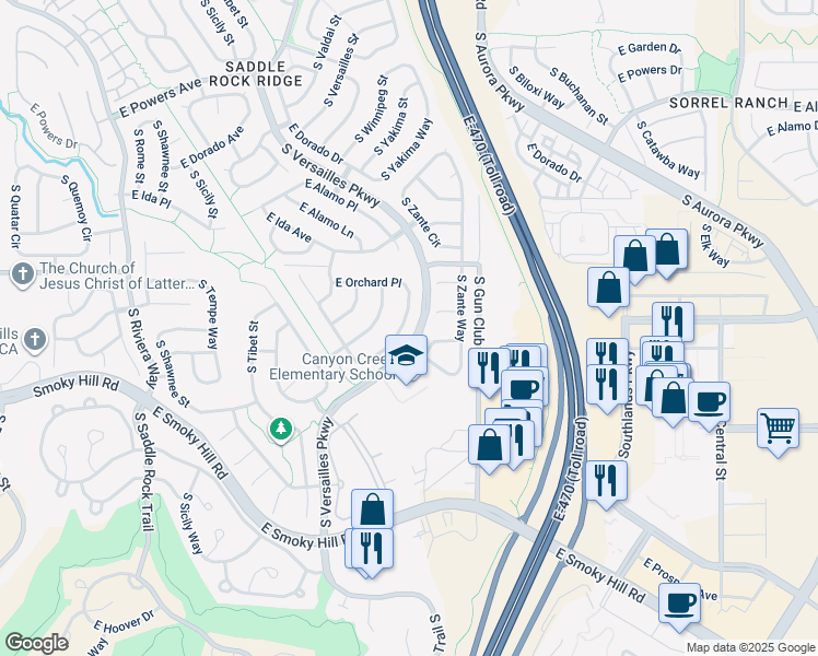 map of restaurants, bars, coffee shops, grocery stores, and more near 6010 South Yakima Street in Aurora